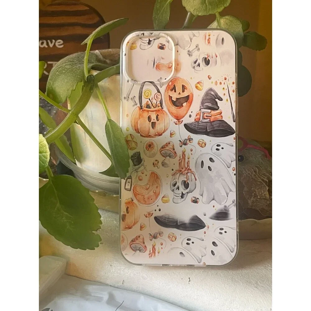 iPhone 13 Case - Retro Halloween Blurred Skull & Pumpkin Design - Clear Cover